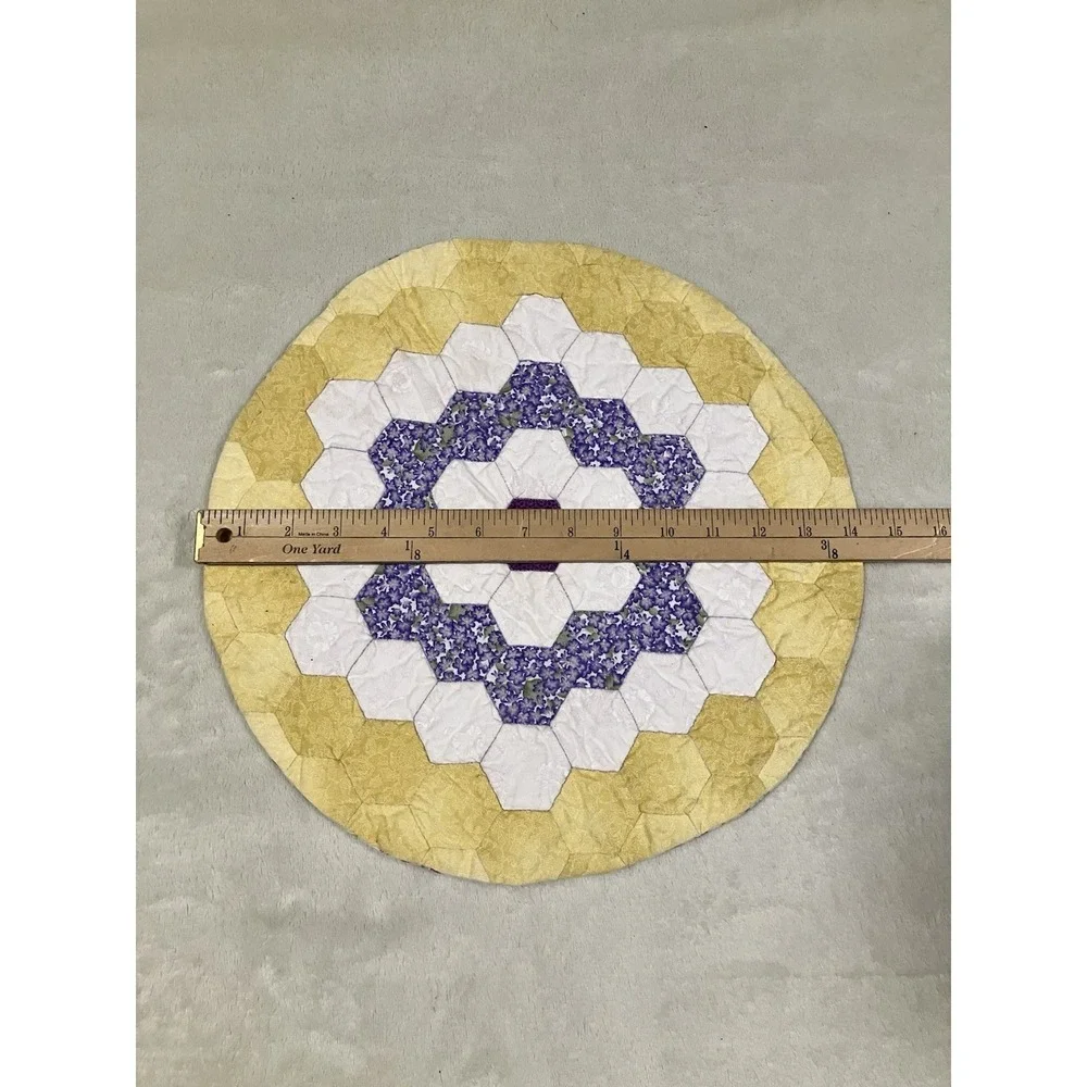 Handmade Quilted Circular Purple Flower Fabric Trivet Centerpiece Mat Country